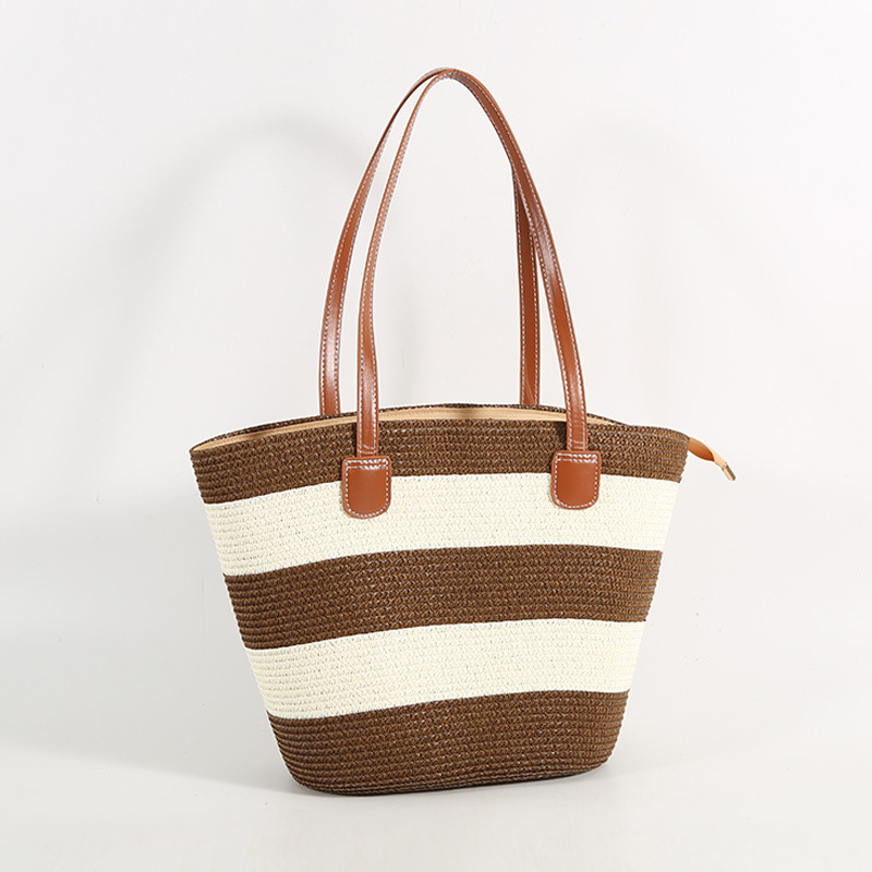 Szalmából készült tote táska - városi egyszerű stílus, vízszintes négyzet alakú, cipzáros nyitás, belső zseb a telefonhoz