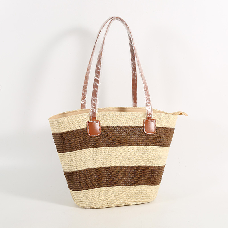 Szalmából készült tote táska - városi egyszerű stílus, vízszintes négyzet alakú, cipzáros nyitás, belső zseb a telefonhoz