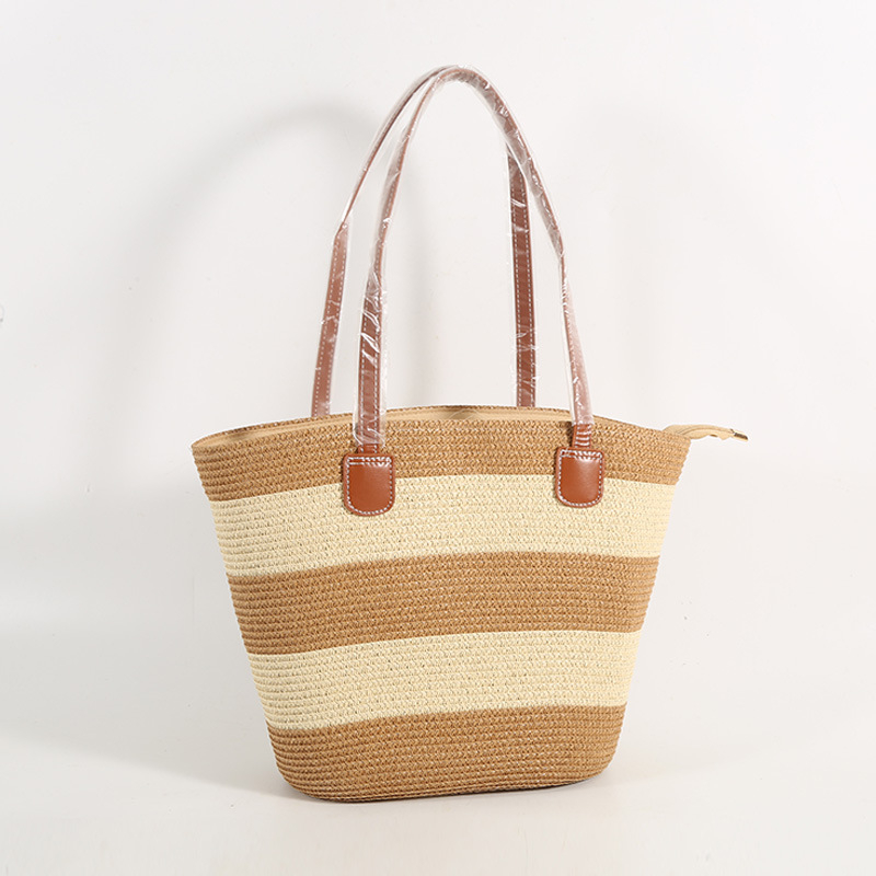 Szalmából készült tote táska - városi egyszerű stílus, vízszintes négyzet alakú, cipzáros nyitás, belső zseb a telefonhoz