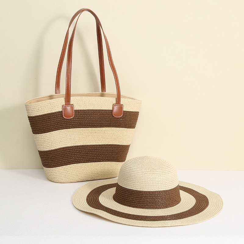 Szalmából készült tote táska - városi egyszerű stílus, vízszintes négyzet alakú, cipzáros nyitás, belső zseb a telefonhoz