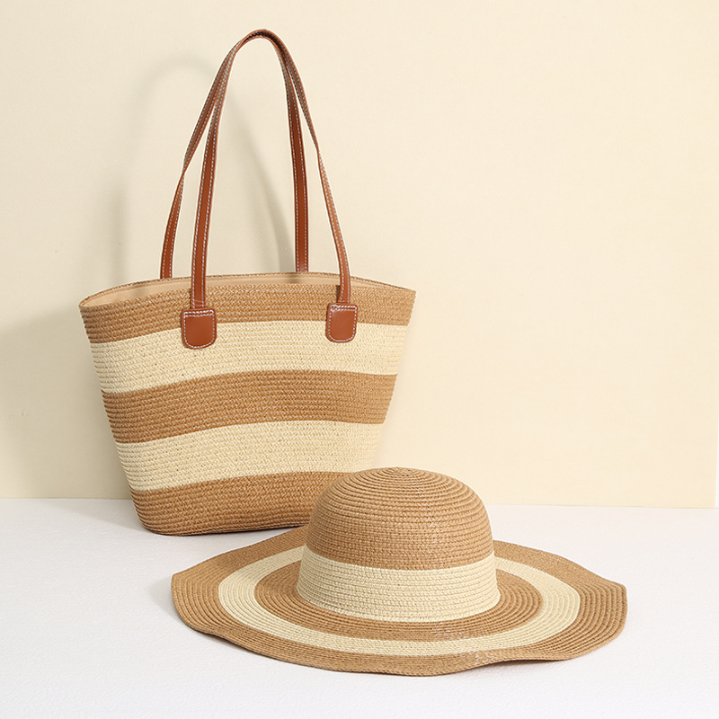 Szalmából készült tote táska - városi egyszerű stílus, vízszintes négyzet alakú, cipzáros nyitás, belső zseb a telefonhoz