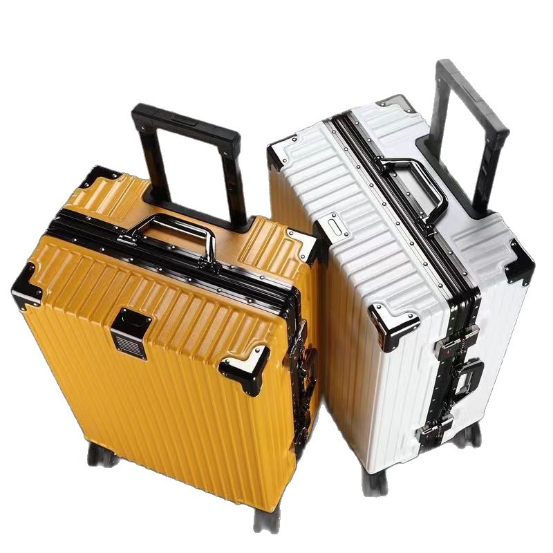 Cestovný kufor z hliníkovej zliatiny s zapínaním na zips, univerzálne kolieska, zámok s visacím zámkom, predné otvorenie s držiakom na pohár