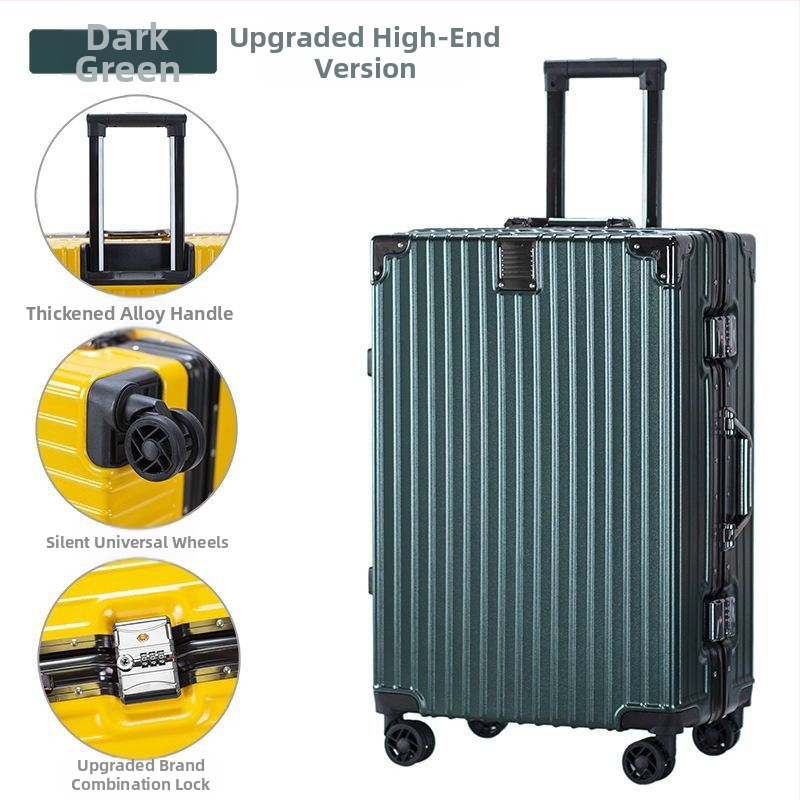 Cestovný kufor z hliníkovej zliatiny s zapínaním na zips, univerzálne kolieska, zámok s visacím zámkom, predné otvorenie s držiakom na pohár