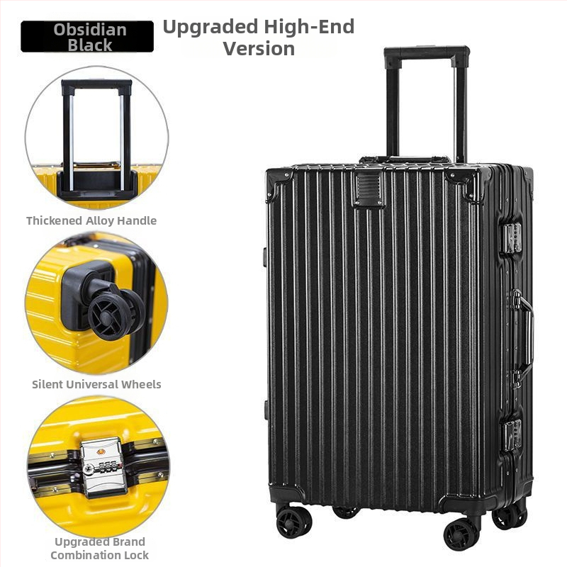 Cestovný kufor z hliníkovej zliatiny s zapínaním na zips, univerzálne kolieska, zámok s visacím zámkom, predné otvorenie s držiakom na pohár