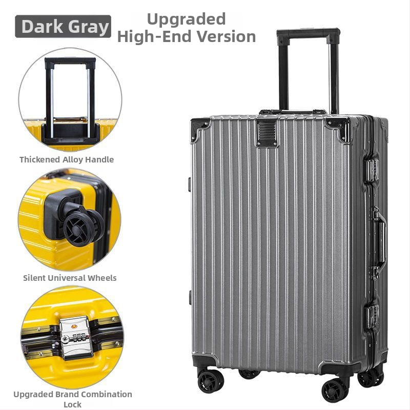 Cestovný kufor z hliníkovej zliatiny s zapínaním na zips, univerzálne kolieska, zámok s visacím zámkom, predné otvorenie s držiakom na pohár