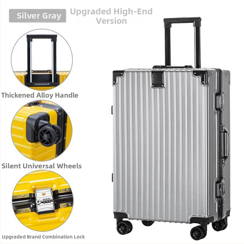Cestovný kufor z hliníkovej zliatiny s zapínaním na zips, univerzálne kolieska, zámok s visacím zámkom, predné otvorenie s držiakom na pohár