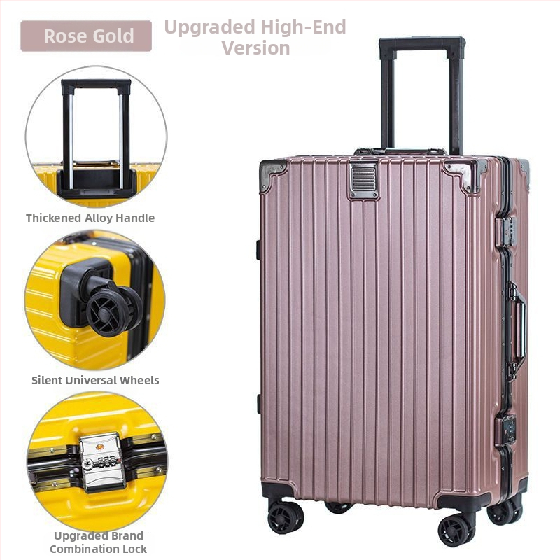 Cestovný kufor z hliníkovej zliatiny s zapínaním na zips, univerzálne kolieska, zámok s visacím zámkom, predné otvorenie s držiakom na pohár
