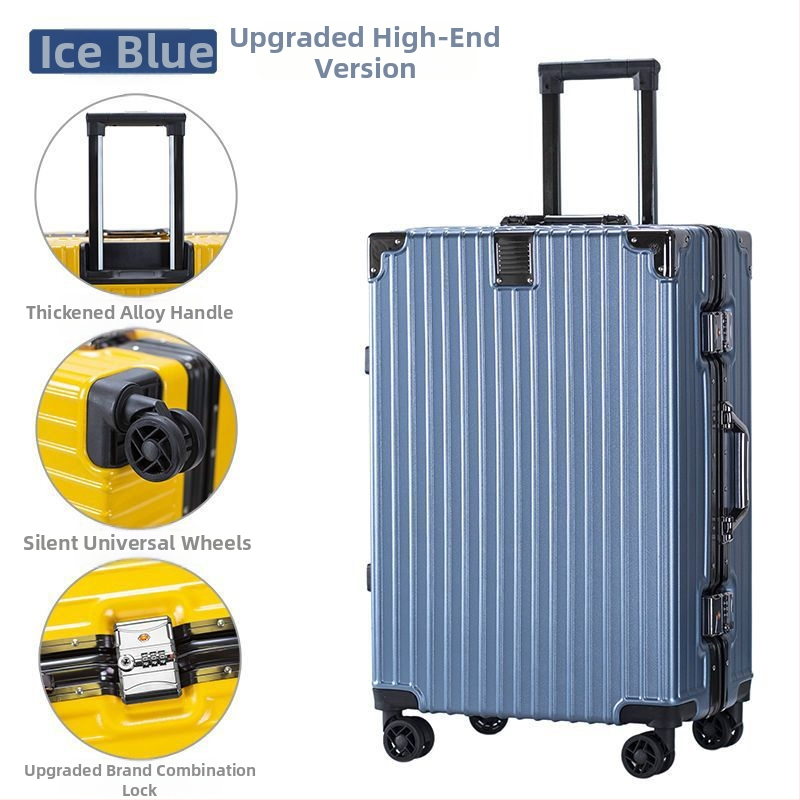 Cestovný kufor z hliníkovej zliatiny s zapínaním na zips, univerzálne kolieska, zámok s visacím zámkom, predné otvorenie s držiakom na pohár