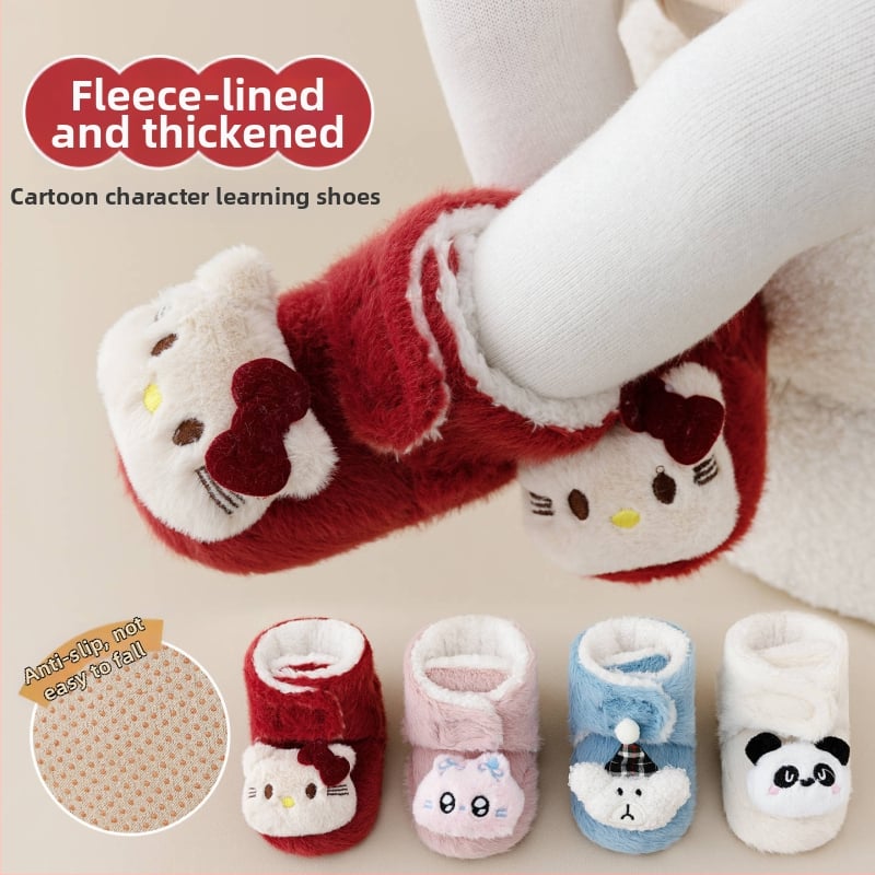 Baba beltéri cipő Velcro zárással, vászon felsőrész, vastag velúr bélés, csúszásmentes talp, 0–36 hónapos kor számára