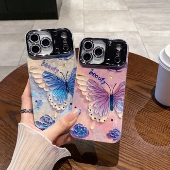 Kryt na telefón s rhinestones v olejomalbovom motíve s kvetmi, pre Apple iPhone, materiál akryl+TPU, držiak objektívu, proti pádu