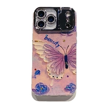 Kryt na telefón s rhinestones v olejomalbovom motíve s kvetmi, pre Apple iPhone, materiál akryl+TPU, držiak objektívu, proti pádu