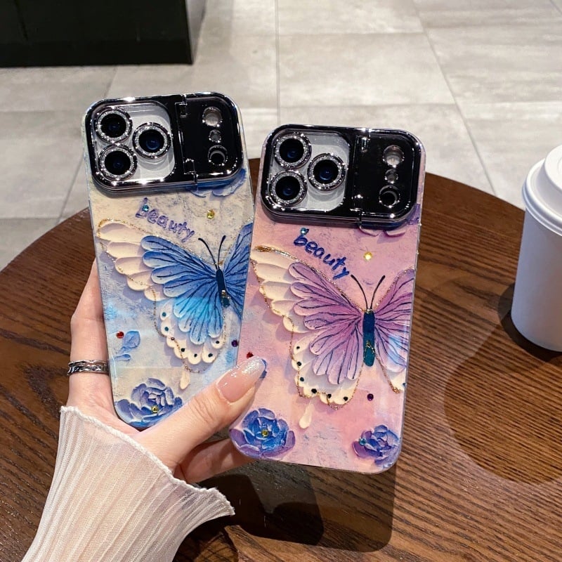 Kryt na telefón s rhinestones v olejomalbovom motíve s kvetmi, pre Apple iPhone, materiál akryl+TPU, držiak objektívu, proti pádu