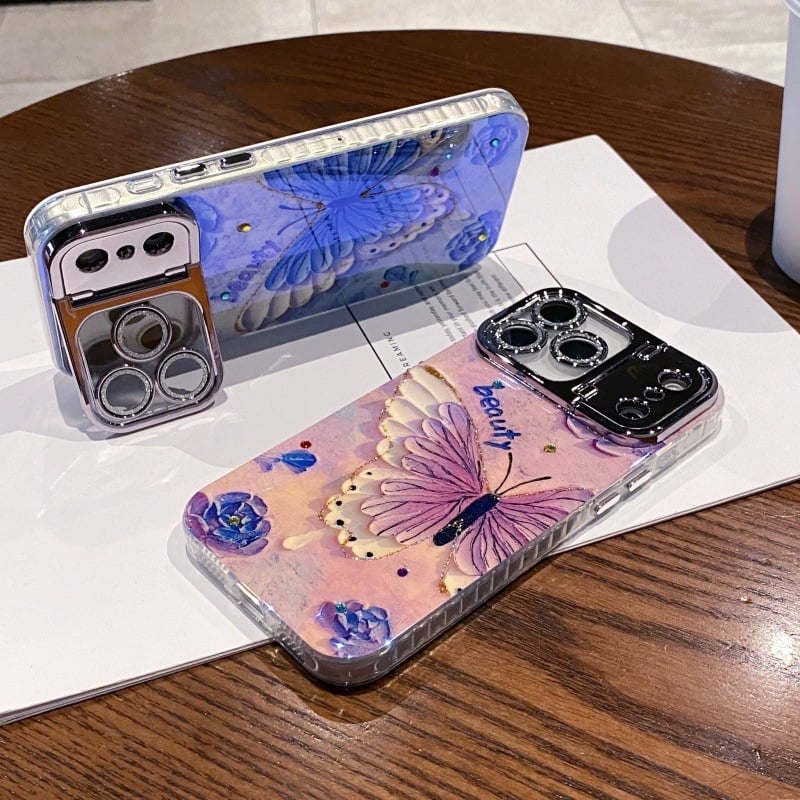 Kryt na telefón s rhinestones v olejomalbovom motíve s kvetmi, pre Apple iPhone, materiál akryl+TPU, držiak objektívu, proti pádu