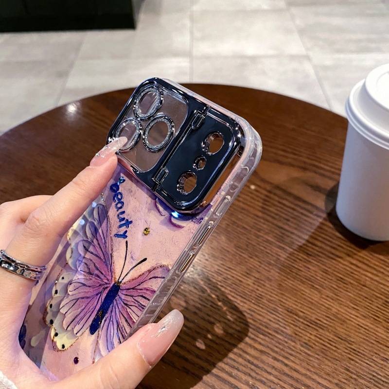 Kryt na telefón s rhinestones v olejomalbovom motíve s kvetmi, pre Apple iPhone, materiál akryl+TPU, držiak objektívu, proti pádu