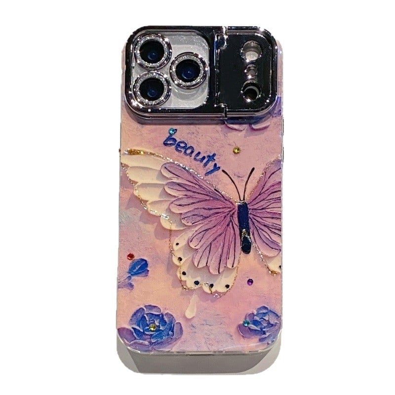 Kryt na telefón s rhinestones v olejomalbovom motíve s kvetmi, pre Apple iPhone, materiál akryl+TPU, držiak objektívu, proti pádu