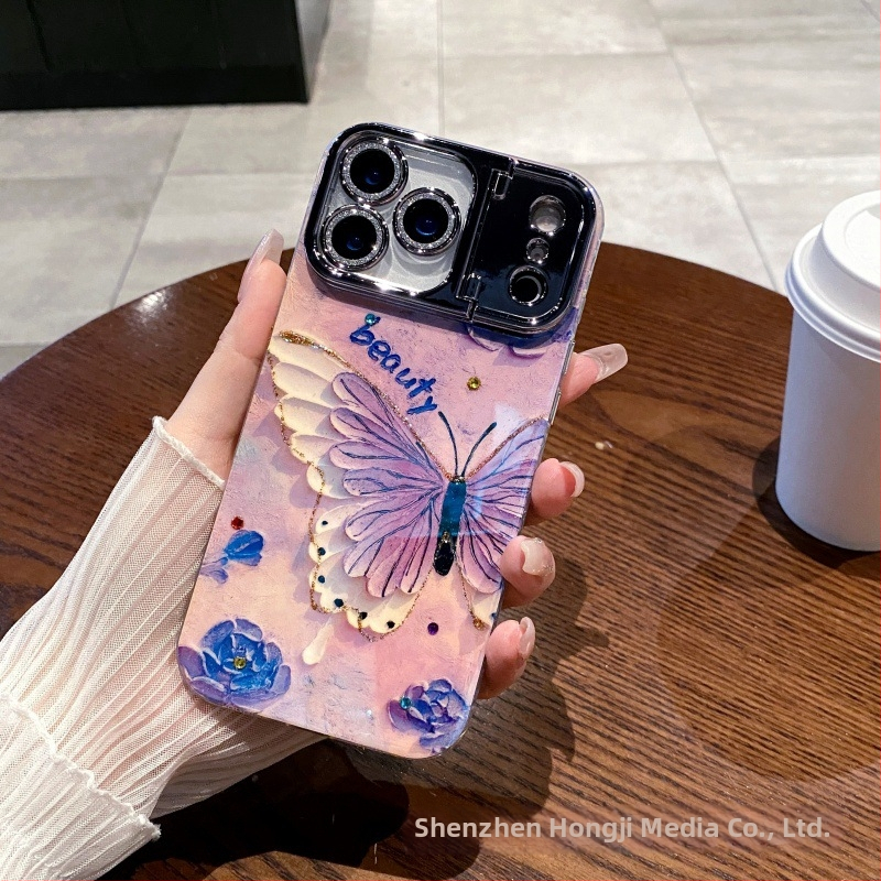 Kryt na telefón s rhinestones v olejomalbovom motíve s kvetmi, pre Apple iPhone, materiál akryl+TPU, držiak objektívu, proti pádu