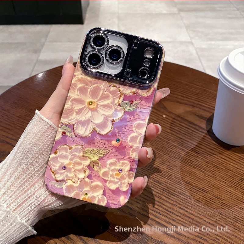 Kryt na telefón s rhinestones v olejomalbovom motíve s kvetmi, pre Apple iPhone, materiál akryl+TPU, držiak objektívu, proti pádu