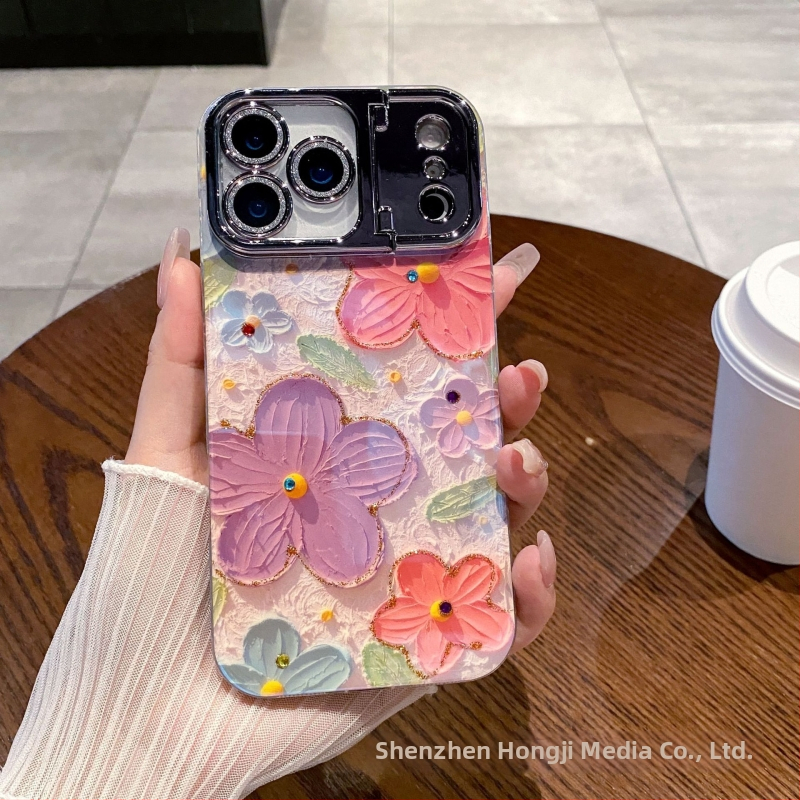 Kryt na telefón s rhinestones v olejomalbovom motíve s kvetmi, pre Apple iPhone, materiál akryl+TPU, držiak objektívu, proti pádu
