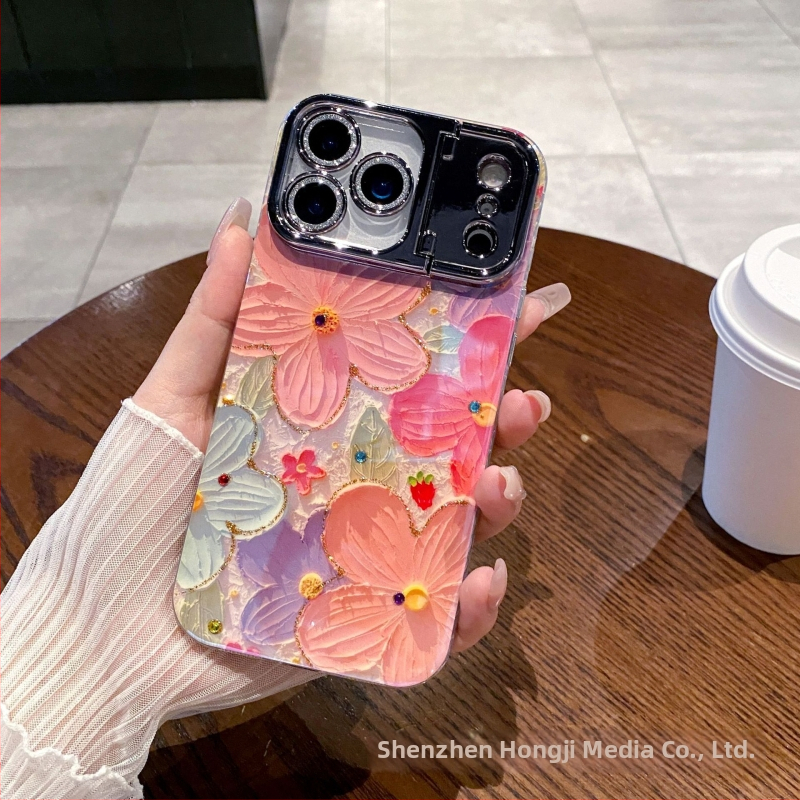 Kryt na telefón s rhinestones v olejomalbovom motíve s kvetmi, pre Apple iPhone, materiál akryl+TPU, držiak objektívu, proti pádu