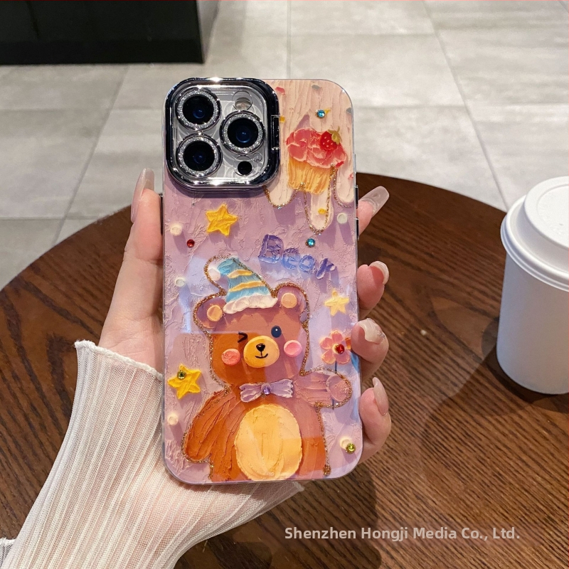 Kryt na telefón s rhinestones v olejomalbovom motíve s kvetmi, pre Apple iPhone, materiál akryl+TPU, držiak objektívu, proti pádu