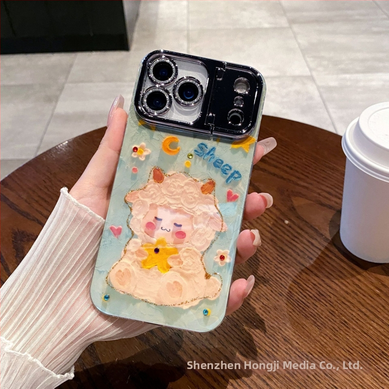 Kryt na telefón s rhinestones v olejomalbovom motíve s kvetmi, pre Apple iPhone, materiál akryl+TPU, držiak objektívu, proti pádu