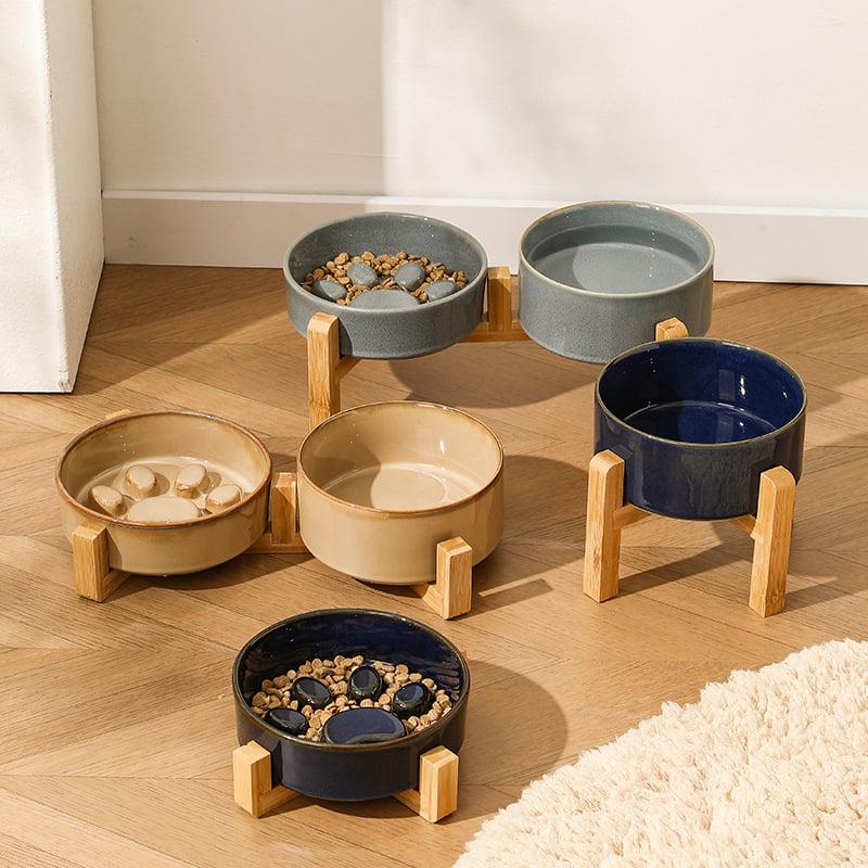 Κεραμικά μπολ κατοικίδιων για γάτες και σκύλους, ιαπωνικού στυλ, ψημένα σε καμίνι, διπλά μπολ με σύστημα αργής πρόσληψης, αντι-πνιγμού και αντι-διαρροών