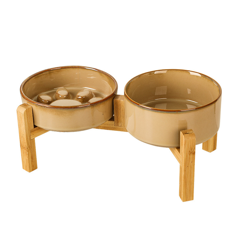 Κεραμικά μπολ κατοικίδιων για γάτες και σκύλους, ιαπωνικού στυλ, ψημένα σε καμίνι, διπλά μπολ με σύστημα αργής πρόσληψης, αντι-πνιγμού και αντι-διαρροών