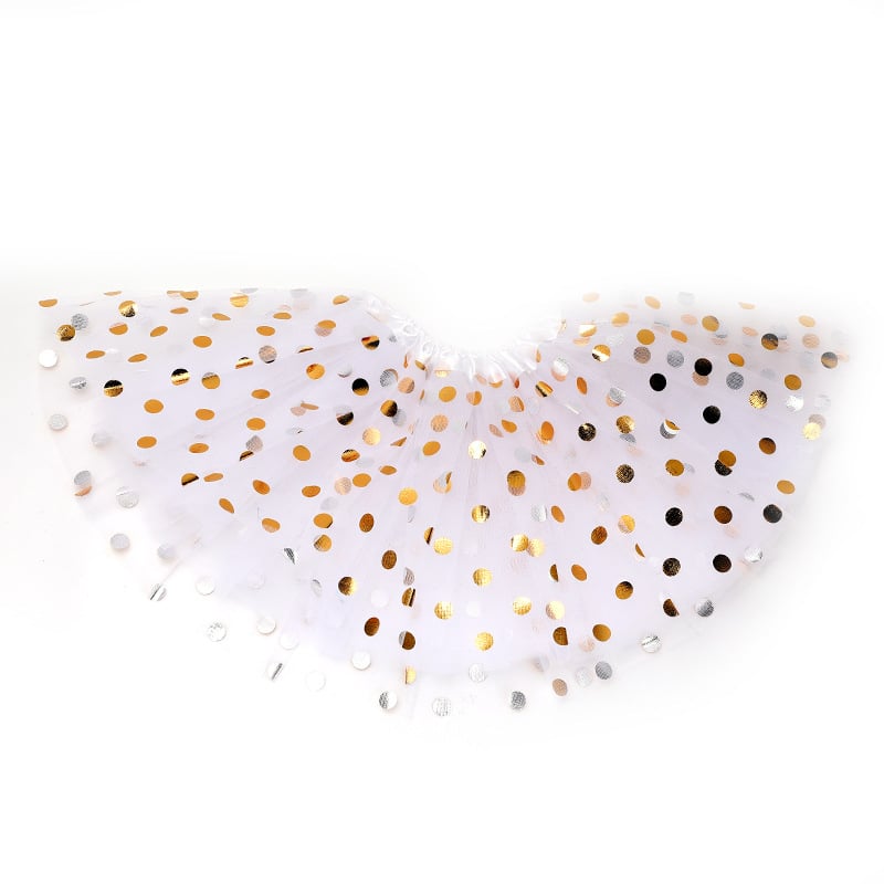 Fustă pentru copii din tul cu imprimeu buline, trei straturi, șase panouri, material poliester