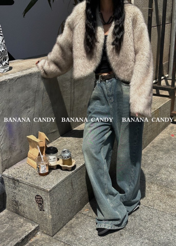 Kožušuch z umelej kožušiny, japonsko-kórejský voľný štýl, V-krk, dlhé rukávy, hlavná tkanina: umelej kožušiny, obsah tkaniny ≥95%