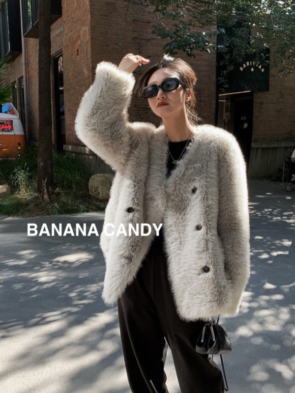 Kožušuch z umelej kožušiny, japonsko-kórejský voľný štýl, V-krk, dlhé rukávy, hlavná tkanina: umelej kožušiny, obsah tkaniny ≥95%