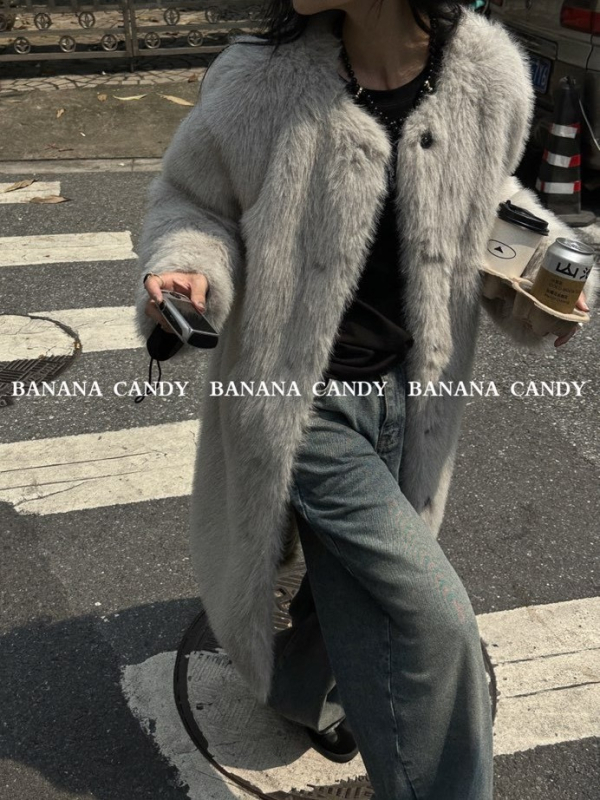 Kožušuch z umelej kožušiny, japonsko-kórejský voľný štýl, V-krk, dlhé rukávy, hlavná tkanina: umelej kožušiny, obsah tkaniny ≥95%