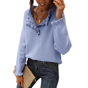 Γυναικείος ακρυλικός πλεκτός πουλόβερ – μακριά μανίκια, ημι-ανοικτή λαιμόκοψη, μονόχρωμο σχέδιο, μεσαίας πυκνότητας πλέξη, 95%+ πολυεστέρας, Φθινόπωρο 2024