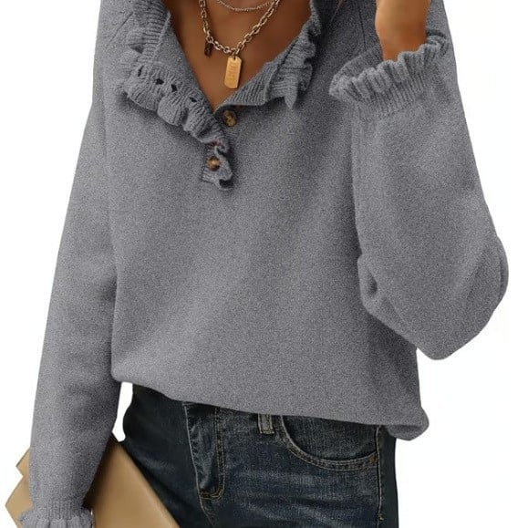 Γυναικείος ακρυλικός πλεκτός πουλόβερ – μακριά μανίκια, ημι-ανοικτή λαιμόκοψη, μονόχρωμο σχέδιο, μεσαίας πυκνότητας πλέξη, 95%+ πολυεστέρας, Φθινόπωρο 2024