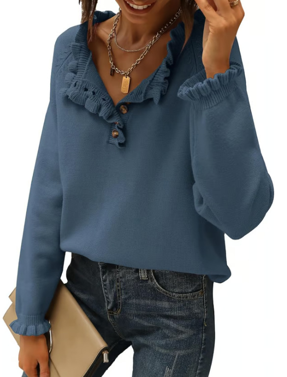 Γυναικείος ακρυλικός πλεκτός πουλόβερ – μακριά μανίκια, ημι-ανοικτή λαιμόκοψη, μονόχρωμο σχέδιο, μεσαίας πυκνότητας πλέξη, 95%+ πολυεστέρας, Φθινόπωρο 2024