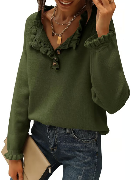 Γυναικείος ακρυλικός πλεκτός πουλόβερ – μακριά μανίκια, ημι-ανοικτή λαιμόκοψη, μονόχρωμο σχέδιο, μεσαίας πυκνότητας πλέξη, 95%+ πολυεστέρας, Φθινόπωρο 2024