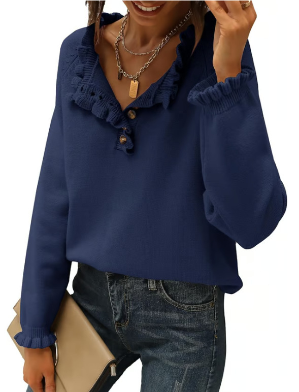 Γυναικείος ακρυλικός πλεκτός πουλόβερ – μακριά μανίκια, ημι-ανοικτή λαιμόκοψη, μονόχρωμο σχέδιο, μεσαίας πυκνότητας πλέξη, 95%+ πολυεστέρας, Φθινόπωρο 2024