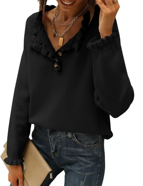 Γυναικείος ακρυλικός πλεκτός πουλόβερ – μακριά μανίκια, ημι-ανοικτή λαιμόκοψη, μονόχρωμο σχέδιο, μεσαίας πυκνότητας πλέξη, 95%+ πολυεστέρας, Φθινόπωρο 2024