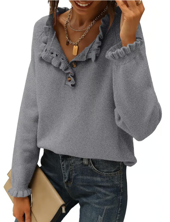 Γυναικείος ακρυλικός πλεκτός πουλόβερ – μακριά μανίκια, ημι-ανοικτή λαιμόκοψη, μονόχρωμο σχέδιο, μεσαίας πυκνότητας πλέξη, 95%+ πολυεστέρας, Φθινόπωρο 2024