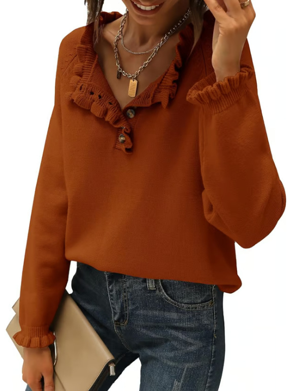 Γυναικείος ακρυλικός πλεκτός πουλόβερ – μακριά μανίκια, ημι-ανοικτή λαιμόκοψη, μονόχρωμο σχέδιο, μεσαίας πυκνότητας πλέξη, 95%+ πολυεστέρας, Φθινόπωρο 2024