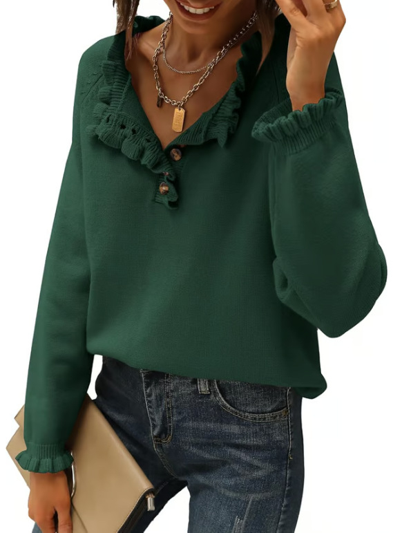 Γυναικείος ακρυλικός πλεκτός πουλόβερ – μακριά μανίκια, ημι-ανοικτή λαιμόκοψη, μονόχρωμο σχέδιο, μεσαίας πυκνότητας πλέξη, 95%+ πολυεστέρας, Φθινόπωρο 2024