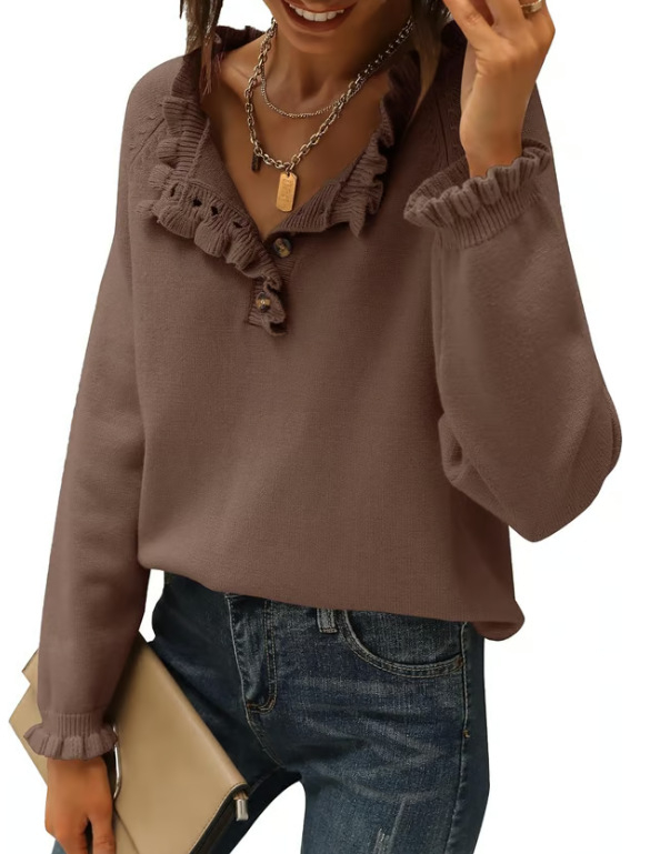 Γυναικείος ακρυλικός πλεκτός πουλόβερ – μακριά μανίκια, ημι-ανοικτή λαιμόκοψη, μονόχρωμο σχέδιο, μεσαίας πυκνότητας πλέξη, 95%+ πολυεστέρας, Φθινόπωρο 2024