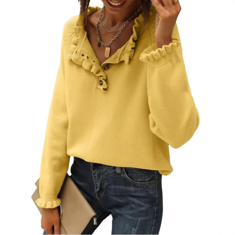 Γυναικείος ακρυλικός πλεκτός πουλόβερ – μακριά μανίκια, ημι-ανοικτή λαιμόκοψη, μονόχρωμο σχέδιο, μεσαίας πυκνότητας πλέξη, 95%+ πολυεστέρας, Φθινόπωρο 2024