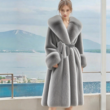 Dámsky kabát z umelej kožušiny, strednej dĺžky, s veľkým kožušinovým golierom a dlhými rukávmi