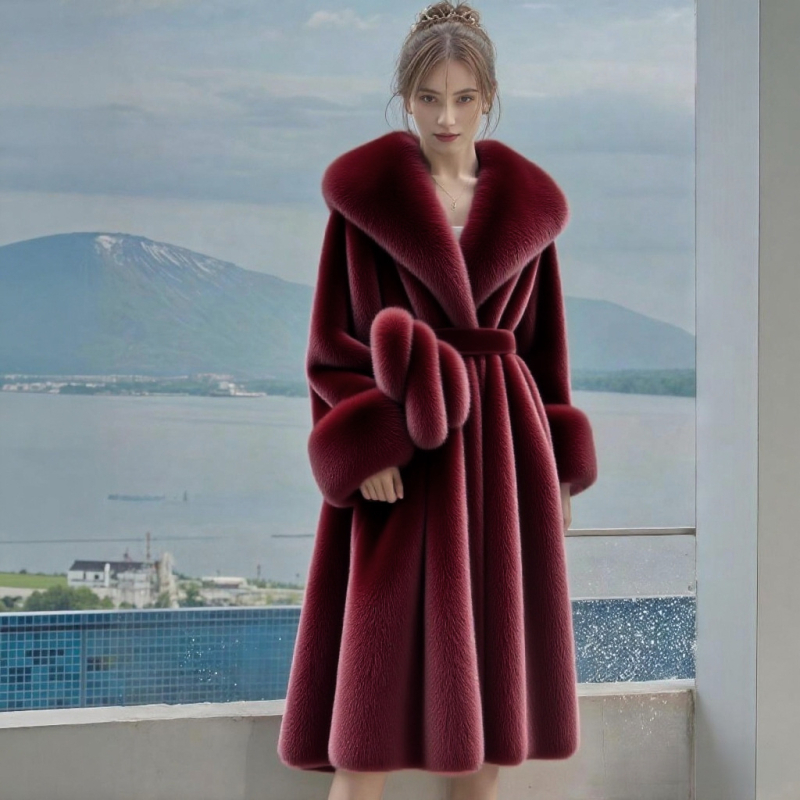 Dámsky kabát z umelej kožušiny, strednej dĺžky, s veľkým kožušinovým golierom a dlhými rukávmi