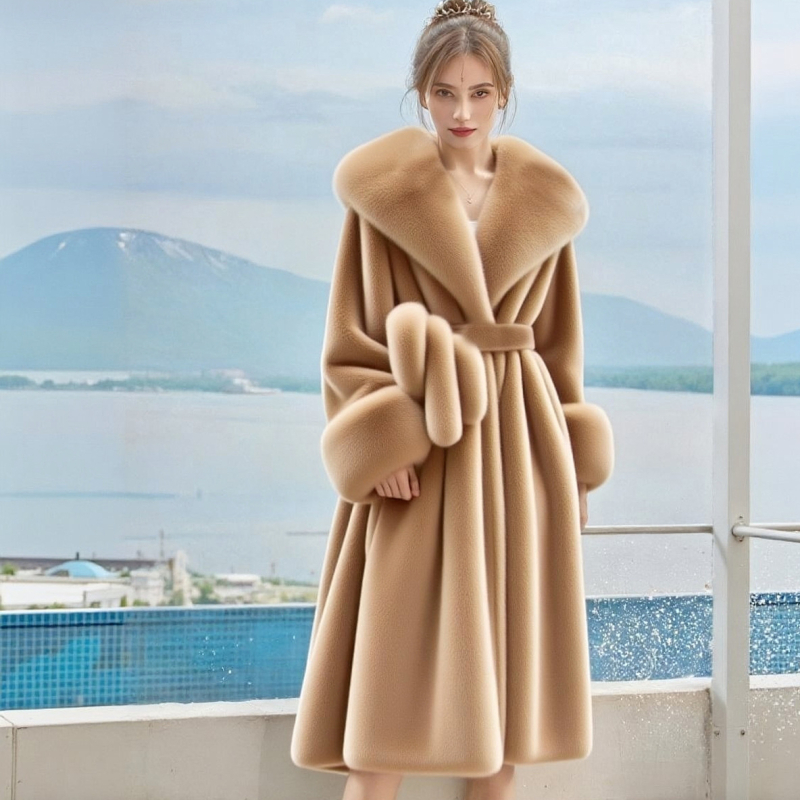 Dámsky kabát z umelej kožušiny, strednej dĺžky, s veľkým kožušinovým golierom a dlhými rukávmi