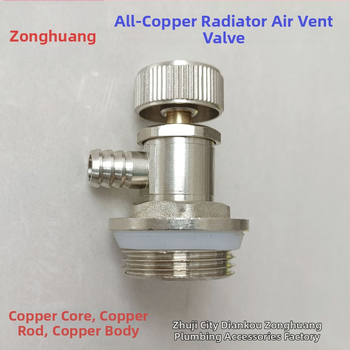 Radiátorová odvzduňovacia a vodovacia klapka so závitom — meď, niklovo leštený povrch, prevádzková teplota 0–100°C, pre vodu