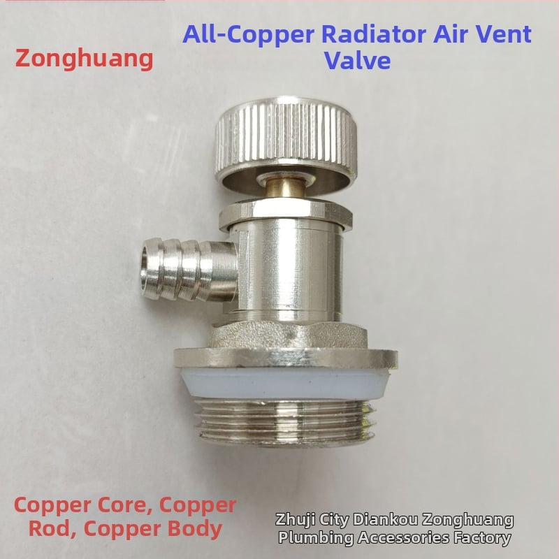 Radiátorová odvzduňovacia a vodovacia klapka so závitom — meď, niklovo leštený povrch, prevádzková teplota 0–100°C, pre vodu