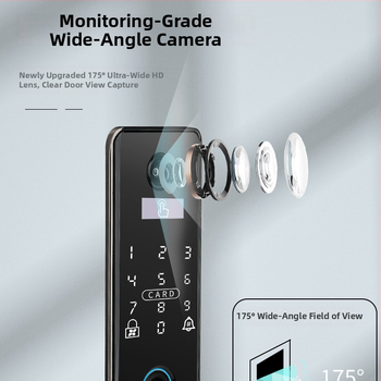 Умна биометрична заключалка за врата с лицево разпознаване и отпечатък, водоустойчива, дистанционно отключване, капацитет на отпечатъци 100, над 100000 отключвания, време за сканиране <0.5 s, фалшиво разпознаване <0.001%, DC захранване