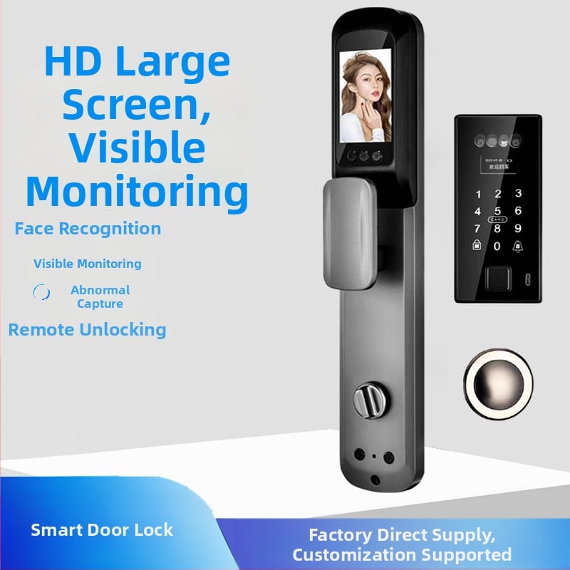 Умна биометрична заключалка за врата с лицево разпознаване и отпечатък, водоустойчива, дистанционно отключване, капацитет на отпечатъци 100, над 100000 отключвания, време за сканиране <0.5 s, фалшиво разпознаване <0.001%, DC захранване