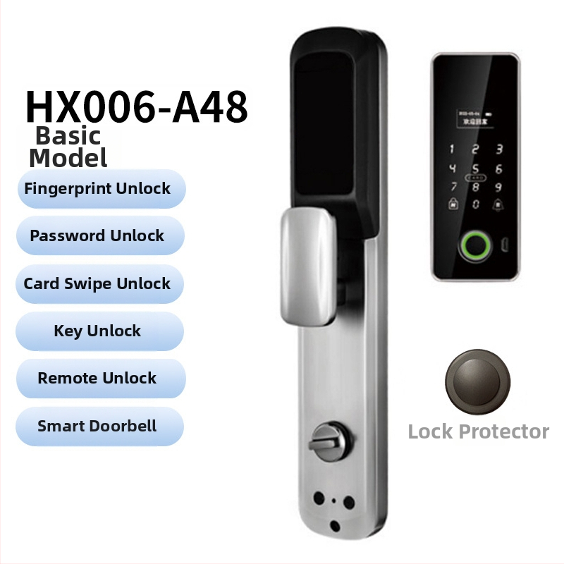 Умна биометрична заключалка за врата с лицево разпознаване и отпечатък, водоустойчива, дистанционно отключване, капацитет на отпечатъци 100, над 100000 отключвания, време за сканиране <0.5 s, фалшиво разпознаване <0.001%, DC захранване